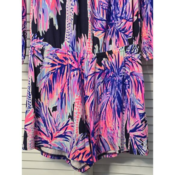 LILLY PULITZER Lana Off The Shoulder Romper In Bright Navy Palms Up Small Beach - Picture 4 of 6